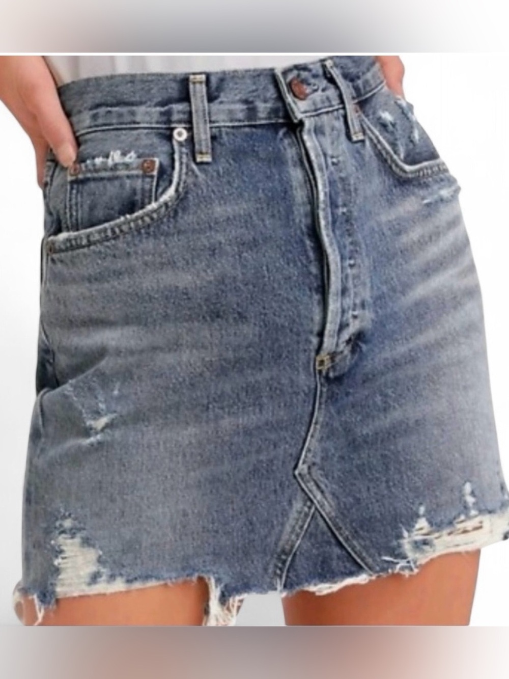 Agolde Quinn High Rise Distressed Denim Mini Skirt , sz : 26
